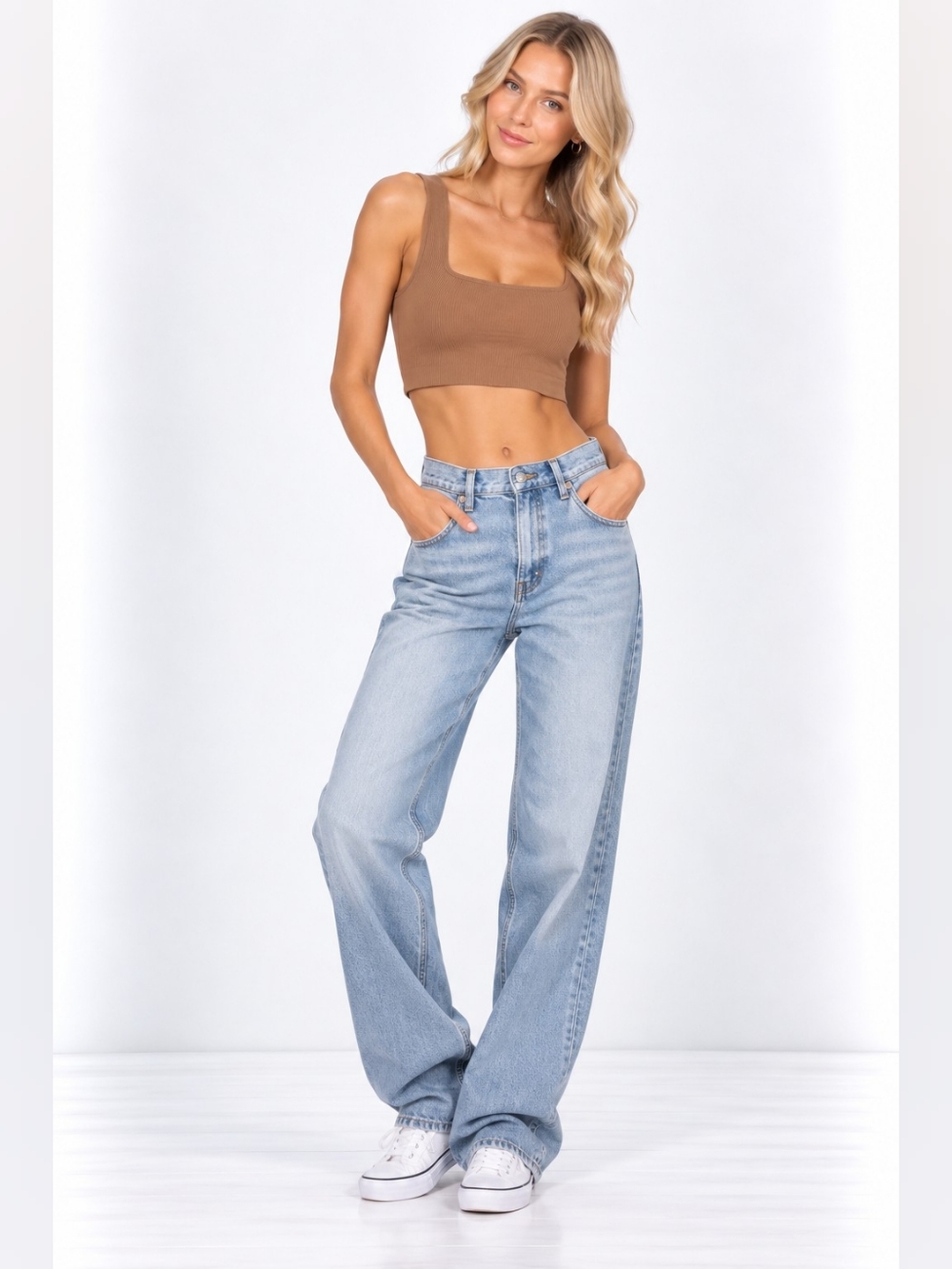 Zara Ribbed Square Neck Crop Top Brown Size M-L